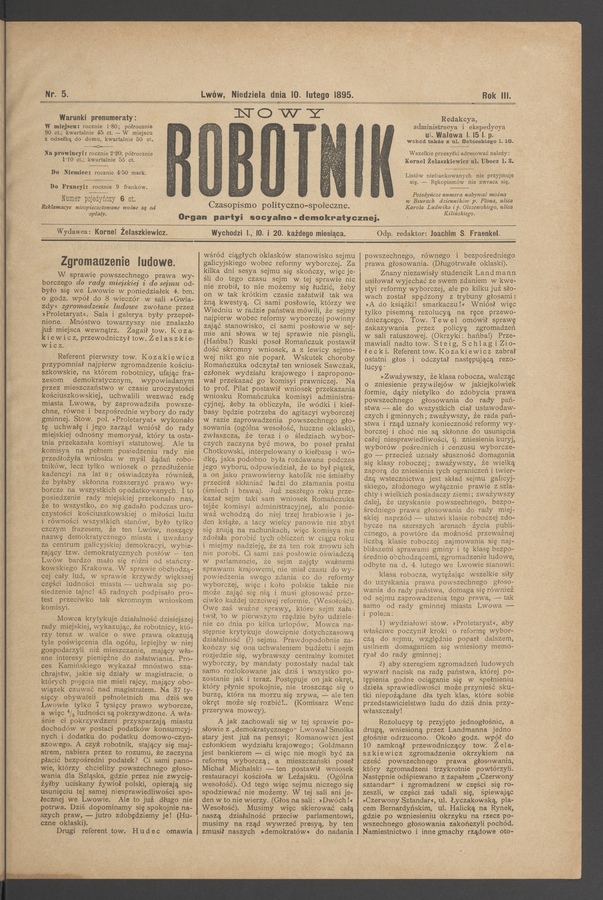 Nowy Robotnik&nbsp;: czasopismo polityczno-społeczne&nbsp;: organ partyi socyalno-demokratycznej. Rok&nbsp;3, 1895, numer&nbsp;5