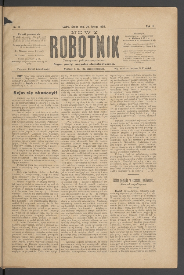 Nowy Robotnik&nbsp;: czasopismo polityczno-społeczne&nbsp;: organ partyi socyalno-demokratycznej. Rok&nbsp;3, 1895, numer&nbsp;6
