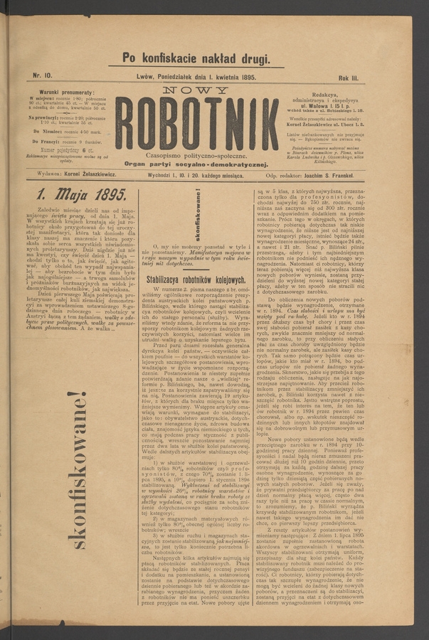 Nowy Robotnik&nbsp;: czasopismo polityczno-społeczne&nbsp;: organ partyi socyalno-demokratycznej. Rok&nbsp;3, 1895, numer&nbsp;10 (po&nbsp;konfiskacie nakład drugi)