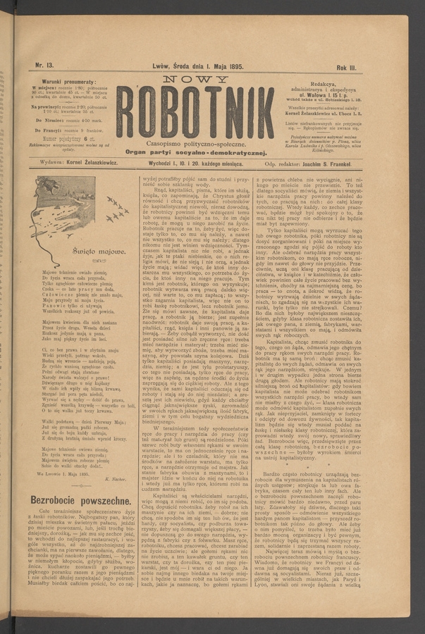 Nowy Robotnik&nbsp;: czasopismo polityczno-społeczne&nbsp;: organ partyi socyalno-demokratycznej. Rok&nbsp;3, 1895, numer&nbsp;13