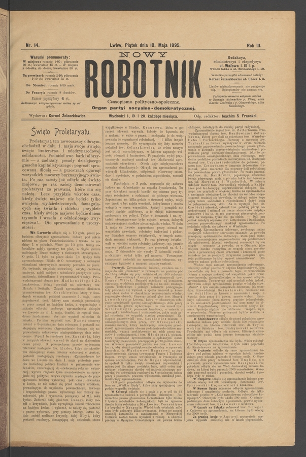 Nowy Robotnik&nbsp;: czasopismo polityczno-społeczne&nbsp;: organ partyi socyalno-demokratycznej. Rok&nbsp;3, 1895, numer&nbsp;14
