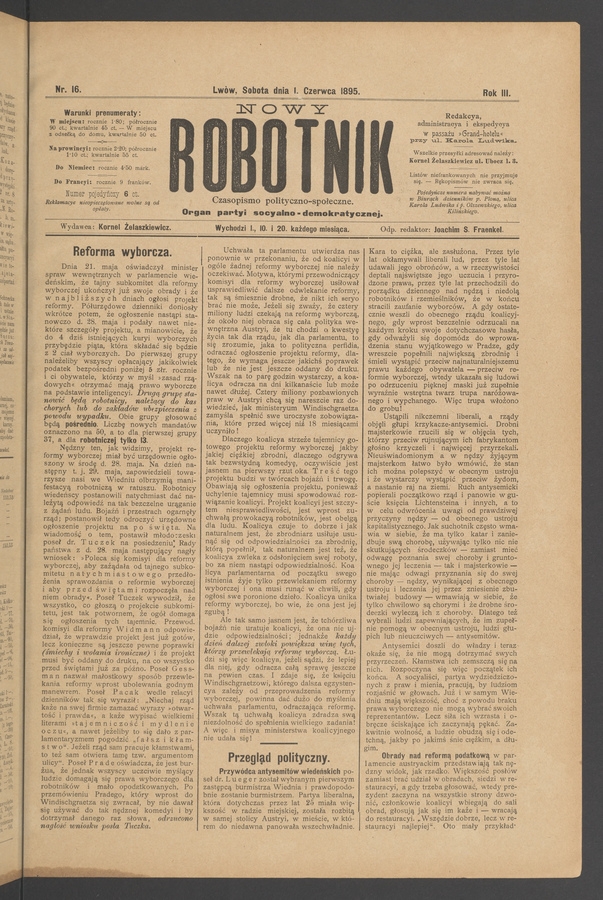 Nowy Robotnik&nbsp;: czasopismo polityczno-społeczne&nbsp;: organ partyi socyalno-demokratycznej. Rok&nbsp;3, 1895, numer&nbsp;16