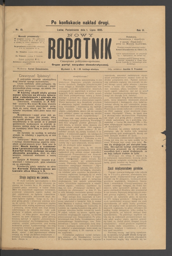Nowy Robotnik&nbsp;: czasopismo polityczno-społeczne&nbsp;: organ partyi socyalno-demokratycznej. Rok&nbsp;3, 1895, numer&nbsp;19 (po&nbsp;konfiskacie nakład drugi)