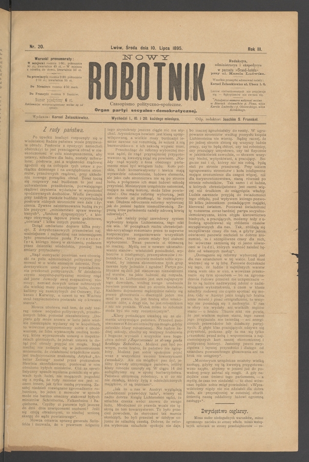 Nowy Robotnik&nbsp;: czasopismo polityczno-społeczne&nbsp;: organ partyi socyalno-demokratycznej. Rok&nbsp;3, 1895, numer&nbsp;20
