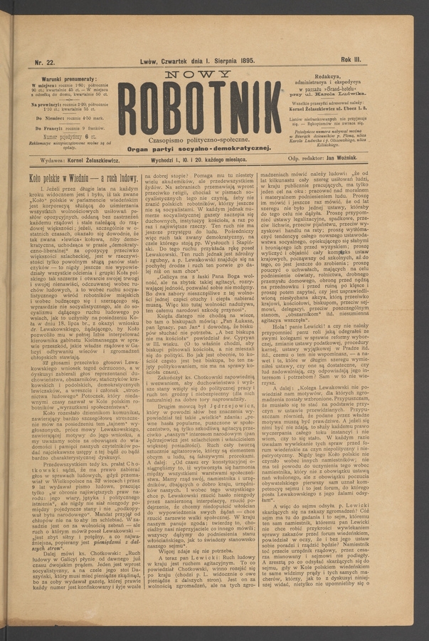 Nowy Robotnik&nbsp;: czasopismo polityczno-społeczne&nbsp;: organ partyi socyalno-demokratycznej. Rok&nbsp;3, 1895, numer&nbsp;22