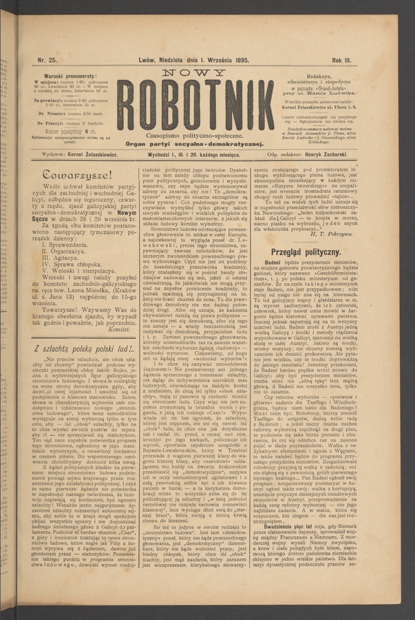 Nowy Robotnik&nbsp;: czasopismo polityczno-społeczne&nbsp;: organ partyi socyalno-demokratycznej. Rok&nbsp;3, 1895, numer&nbsp;25