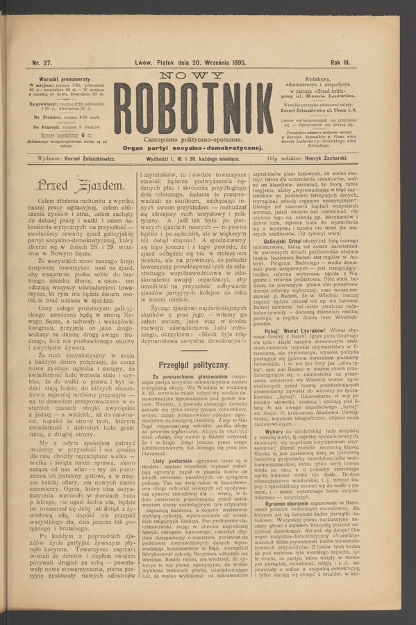 Nowy Robotnik&nbsp;: czasopismo polityczno-społeczne&nbsp;: organ partyi socyalno-demokratycznej. Rok&nbsp;3, 1895, numer&nbsp;27