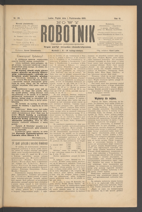 Nowy Robotnik&nbsp;: czasopismo polityczno-społeczne&nbsp;: organ partyi socyalno-demokratycznej. Rok&nbsp;3, 1895, numer&nbsp;28