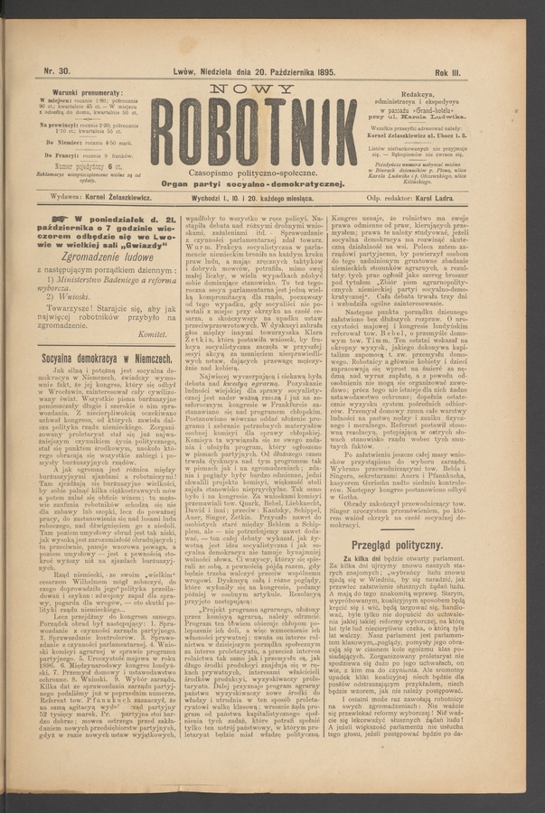 Nowy Robotnik&nbsp;: czasopismo polityczno-społeczne&nbsp;: organ partyi socyalno-demokratycznej. Rok&nbsp;3, 1895, numer&nbsp;30