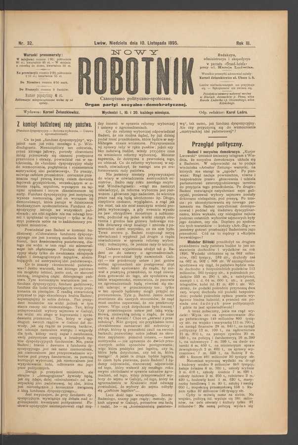 Nowy Robotnik&nbsp;: czasopismo polityczno-społeczne&nbsp;: organ partyi socyalno-demokratycznej. Rok&nbsp;3, 1895, numer&nbsp;32