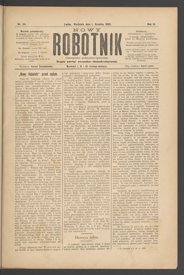Nowy Robotnik&nbsp;: czasopismo polityczno-społeczne&nbsp;: organ partyi socyalno-demokratycznej. Rok&nbsp;3, 1895, numer&nbsp;34