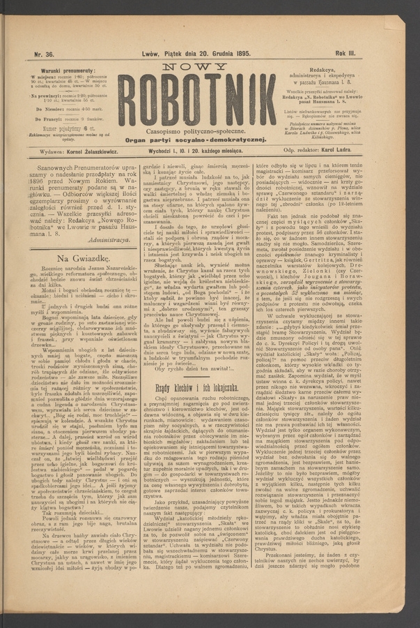 Nowy Robotnik : czasopismo polityczno-społeczne : organ partyi socyalno-demokratycznej. Rok 3, 1895, numer 36