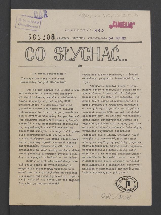 Co&nbsp;słychać&nbsp;: komunikat NZS Akademia Medyczna Wrocław, 1980.10.31