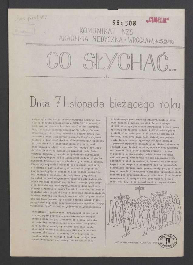 Co&nbsp;słychać&nbsp;: komunikat NZS Akademia Medyczna Wrocław, 1980.11.25