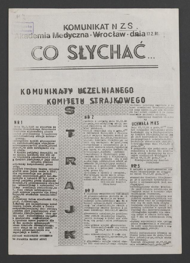 Co&nbsp;słychać&nbsp;: komunikat NZS Akademia Medyczna Wrocław, 1981.02.17