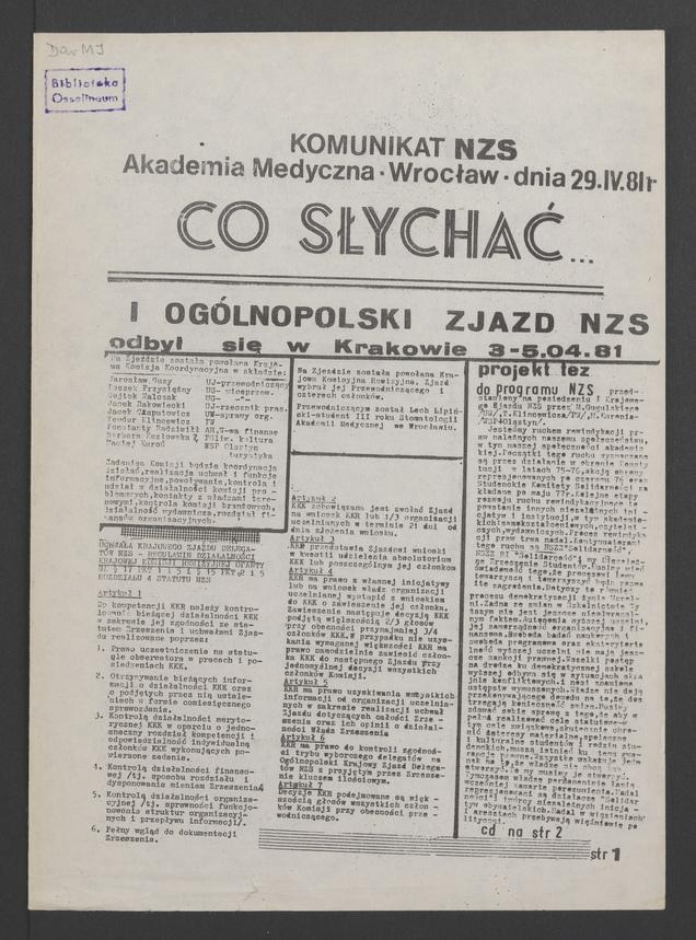 Co&nbsp;słychać&nbsp;: komunikat NZS Akademia Medyczna Wrocław, 1981.04.29