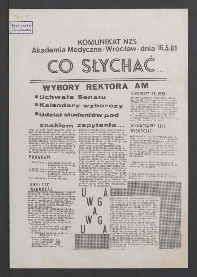 Co&nbsp;słychać&nbsp;: komunikat NZS Akademia Medyczna Wrocław, 1981.05.16