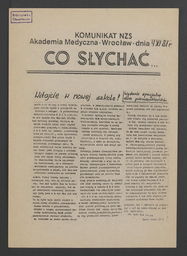 Co&nbsp;słychać&nbsp;: komunikat NZS Akademia Medyczna Wrocław, 1981.11.04