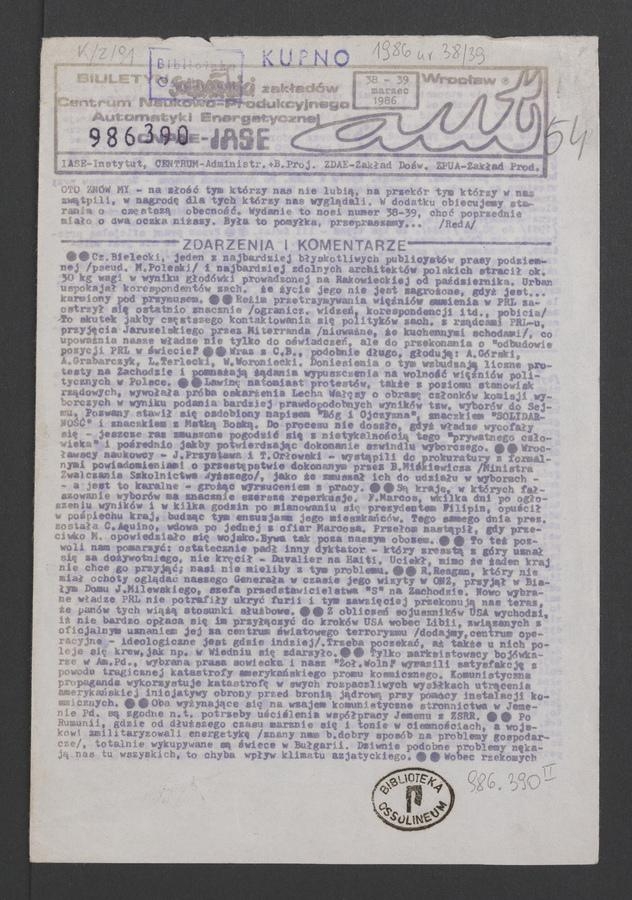 Aut&nbsp;: biuletyn Solidarności zakład&oacute;w Centrum Naukowo-Produkcyjnego Automatyki Energetycznej. 1986, numer&nbsp;38-39