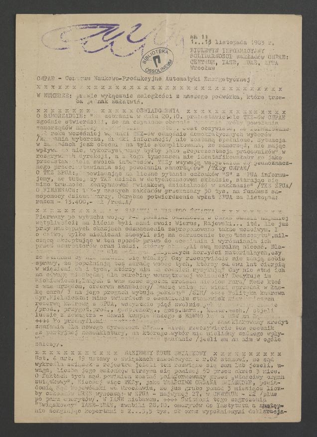 Aut&nbsp;: biuletyn informacyjny Solidarności Zakład&oacute;w CNPAE: Centrum, IASE, ZDAE, ZPUA. 1983, numer&nbsp;11