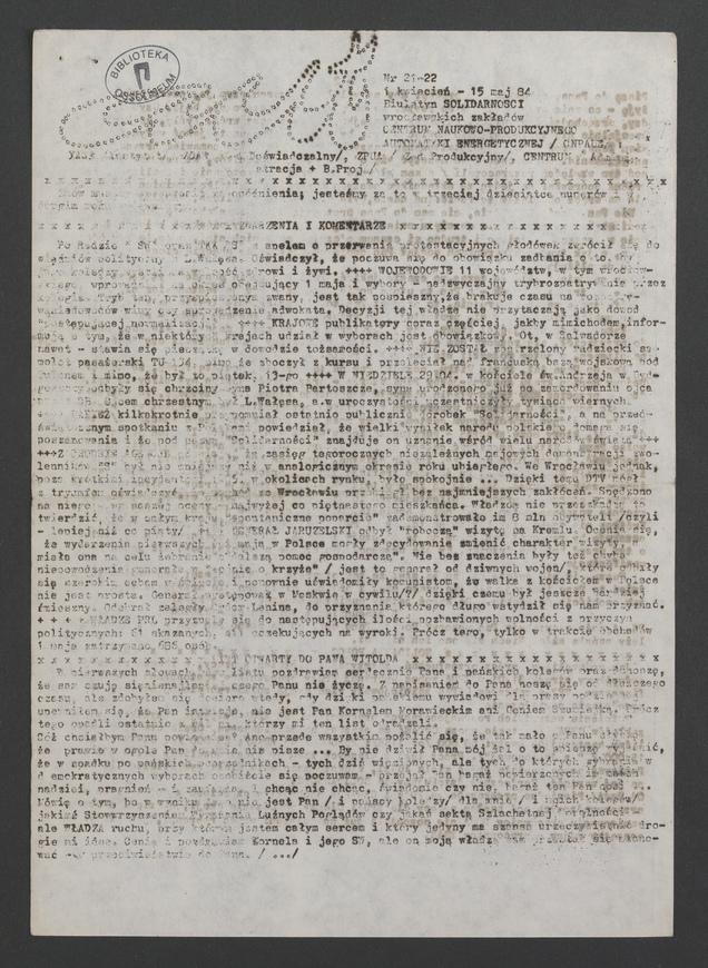 Aut&nbsp;: biuletyn Solidarności wrocławskich zakład&oacute;w Centrum Naukowo-Produkcyjnego Automatyki Energetycznej. 1984, numer&nbsp;21-22