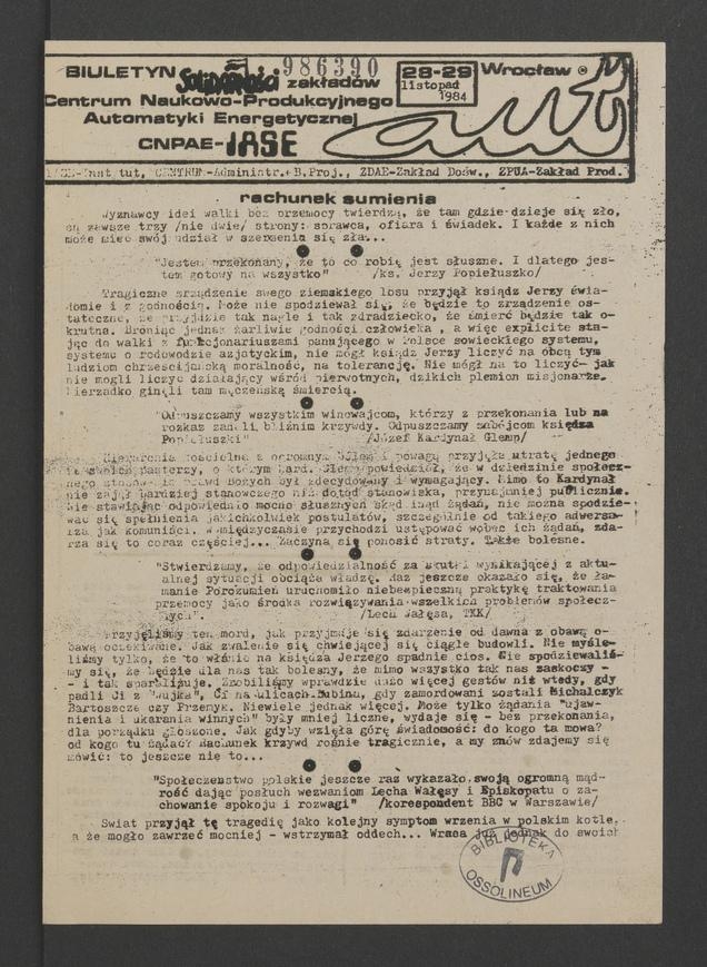 Aut&nbsp;: biuletyn Solidarności wrocławskich zakład&oacute;w Centrum Naukowo-Produkcyjnego Automatyki Energetycznej. 1984, numer&nbsp;28-29