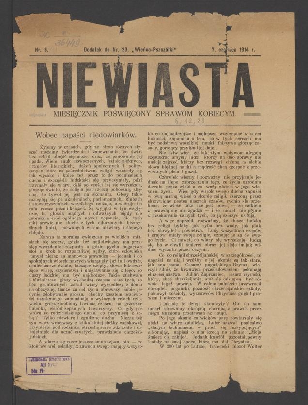 Niewiasta : miesięcznik poświęcony sprawom kobiecym : dodatek do numeru 23 „Wieńca-Pszczółki”. Rok 14, 1914, numer 6