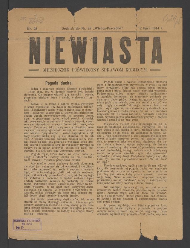 Niewiasta : miesięcznik poświęcony sprawom kobiecym : dodatek do numeru 28 „Wieńca-Pszczółki”. Rok 14, 1914, numer 28