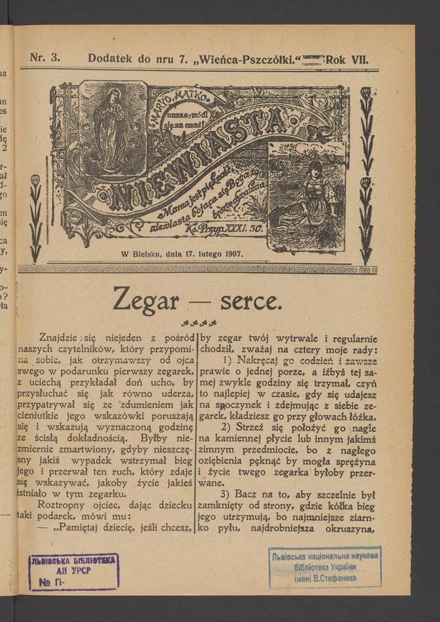 Niewiasta : dodatek do numeru 7 „Wieńca-Pszczółki”. Rok 7, 1907, numer 3
