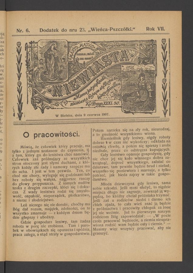 Niewiasta : dodatek do&nbsp;numeru&nbsp;23 &bdquo;Wieńca-Pszcz&oacute;łki&rdquo;. Rok 7, 1907, numer&nbsp;6