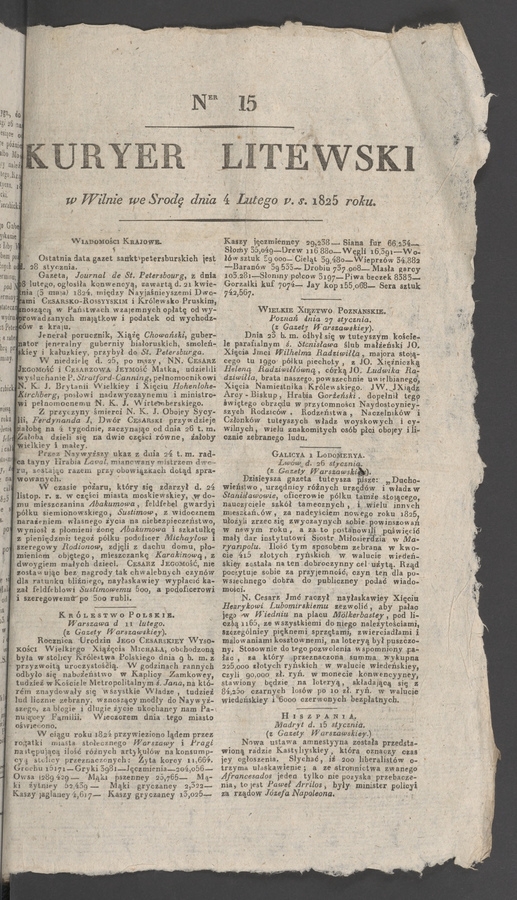 Kuryer Litewski. 1825, numer&nbsp;15