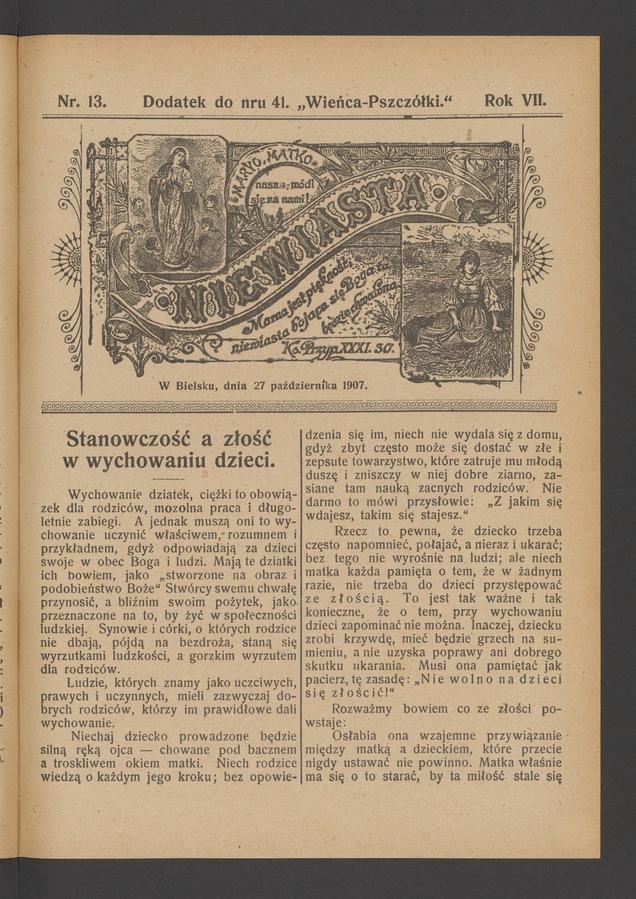 Niewiasta : dodatek do numeru 41 „Wieńca-Pszczółki”. Rok 7, 1907, numer 13