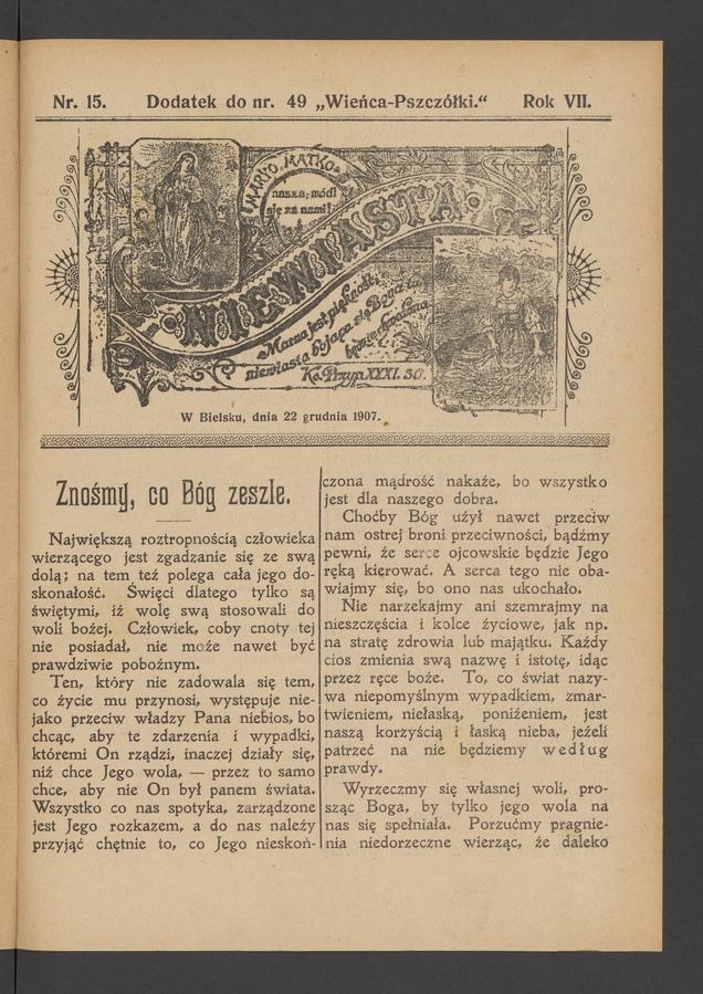 Niewiasta : dodatek do&nbsp;numeru&nbsp;49 &bdquo;Wieńca-Pszcz&oacute;łki&rdquo;. Rok 7, 1907, numer&nbsp;15