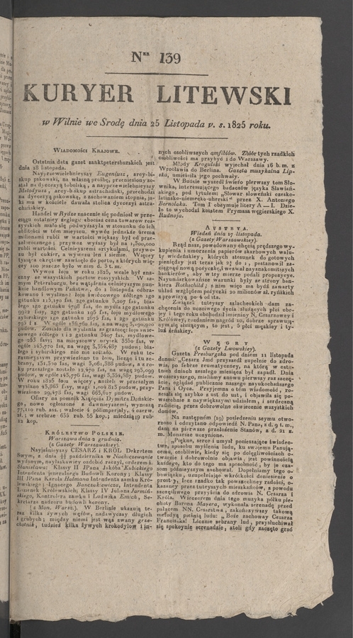Kuryer Litewski. 1825, numer&nbsp;139