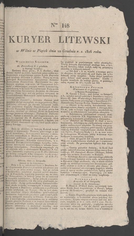 Kuryer Litewski. 1826, numer&nbsp;148