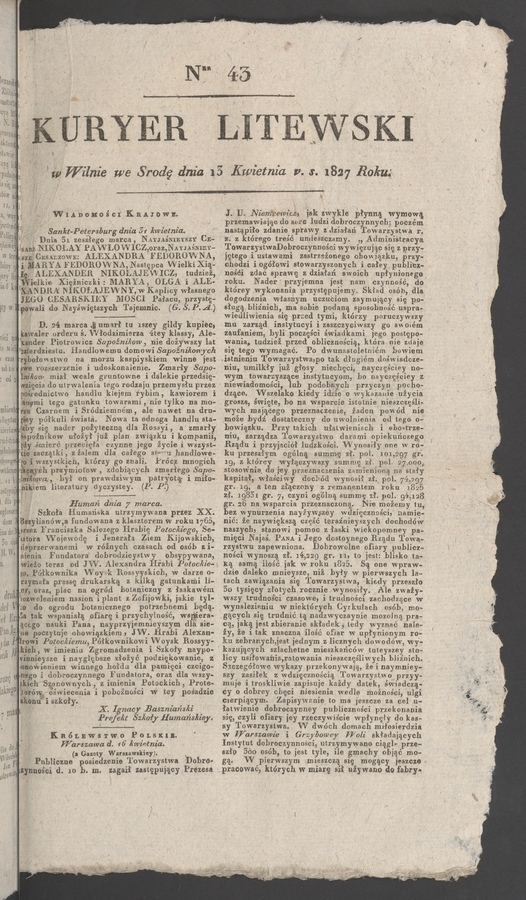 Kuryer Litewski. 1827, numer&nbsp;43
