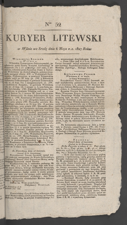 Kuryer Litewski. 1827, numer&nbsp;52
