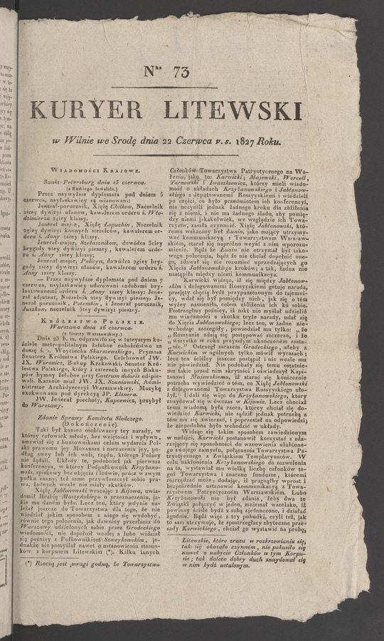 Kuryer Litewski. 1827, numer 73