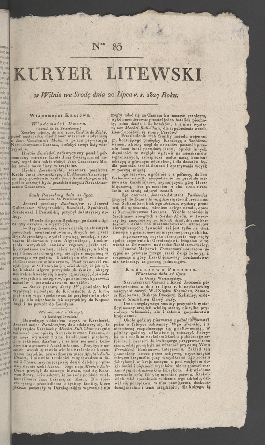 Kuryer Litewski. 1827, numer&nbsp;85
