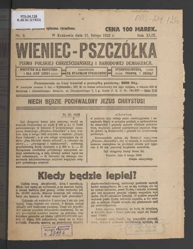 Wieniec-Pszcz&oacute;łka&nbsp;: pismo polskiej chrześcijańskiej i&nbsp;narodowej demokracji. Rok&nbsp;49, 1923, numer&nbsp;3