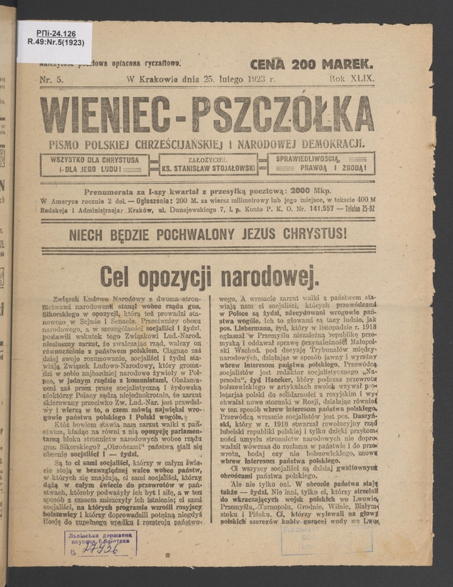 Wieniec-Pszcz&oacute;łka&nbsp;: pismo polskiej chrześcijańskiej i&nbsp;narodowej demokracji. Rok&nbsp;49, 1923, numer&nbsp;5