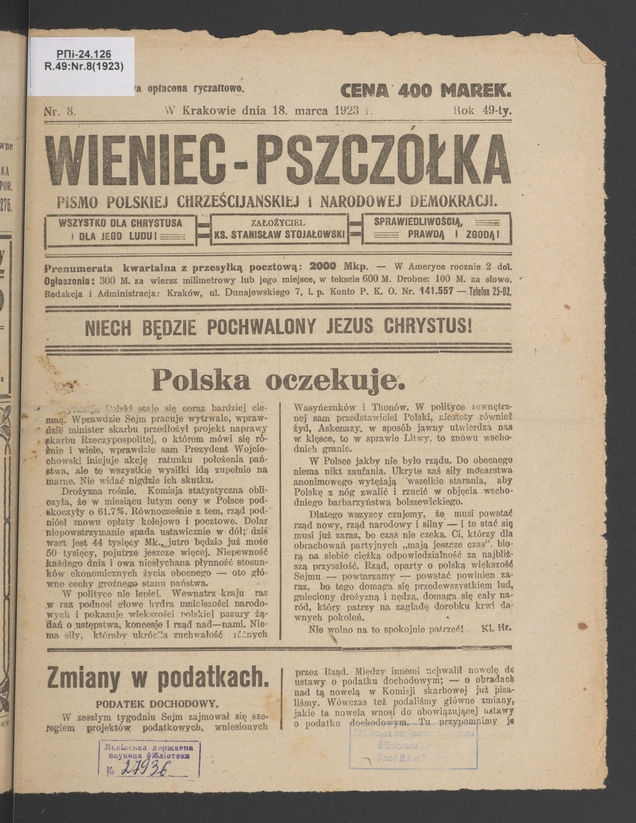 Wieniec-Pszczółka : pismo polskiej chrześcijańskiej i narodowej demokracji. Rok 49, 1923, numer 8