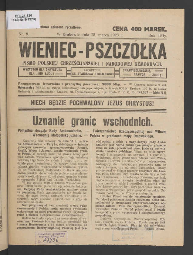 Wieniec-Pszcz&oacute;łka&nbsp;: pismo polskiej chrześcijańskiej i&nbsp;narodowej demokracji. Rok&nbsp;49, 1923, numer&nbsp;9