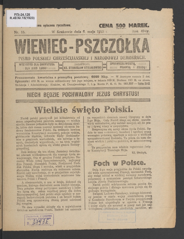 Wieniec-Pszczółka : pismo polskiej chrześcijańskiej i narodowej demokracji. Rok 49, 1923, numer 15