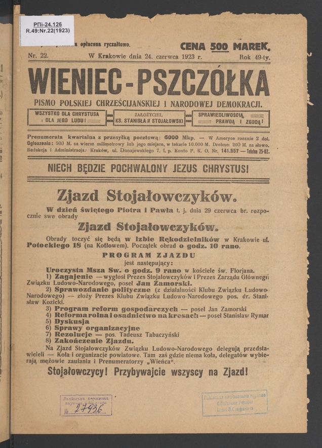 Wieniec-Pszczółka : pismo polskiej chrześcijańskiej i narodowej demokracji. Rok 49, 1923, numer 22