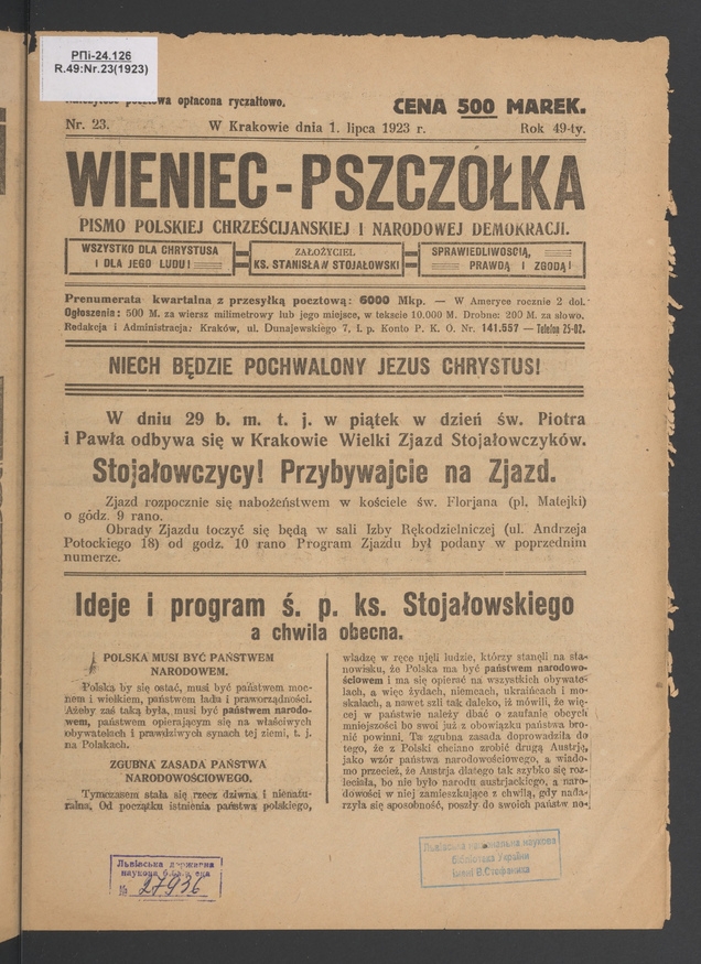 Wieniec-Pszczółka : pismo polskiej chrześcijańskiej i narodowej demokracji. Rok 49, 1923, numer 23