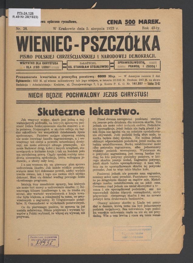Wieniec-Pszczółka : pismo polskiej chrześcijańskiej i narodowej demokracji. Rok 49, 1923, numer 28