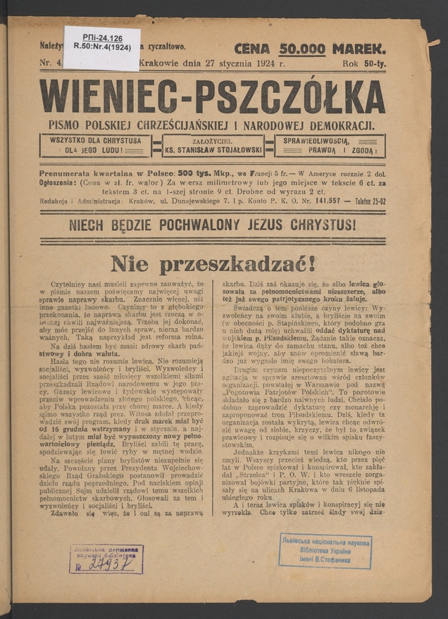 Wieniec-Pszcz&oacute;łka&nbsp;: pismo polskiej chrześcijańskiej i&nbsp;narodowej demokracji. Rok&nbsp;50, 1924, numer&nbsp;4