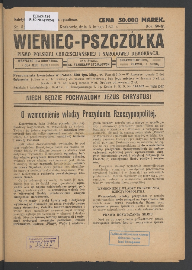 Wieniec-Pszczółka : pismo polskiej chrześcijańskiej i narodowej demokracji. Rok 50, 1924, numer 5