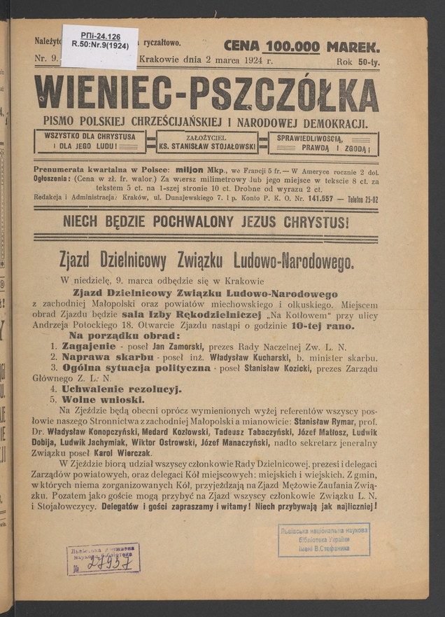 Wieniec-Pszcz&oacute;łka&nbsp;: pismo polskiej chrześcijańskiej i&nbsp;narodowej demokracji. Rok&nbsp;50, 1924, numer&nbsp;9